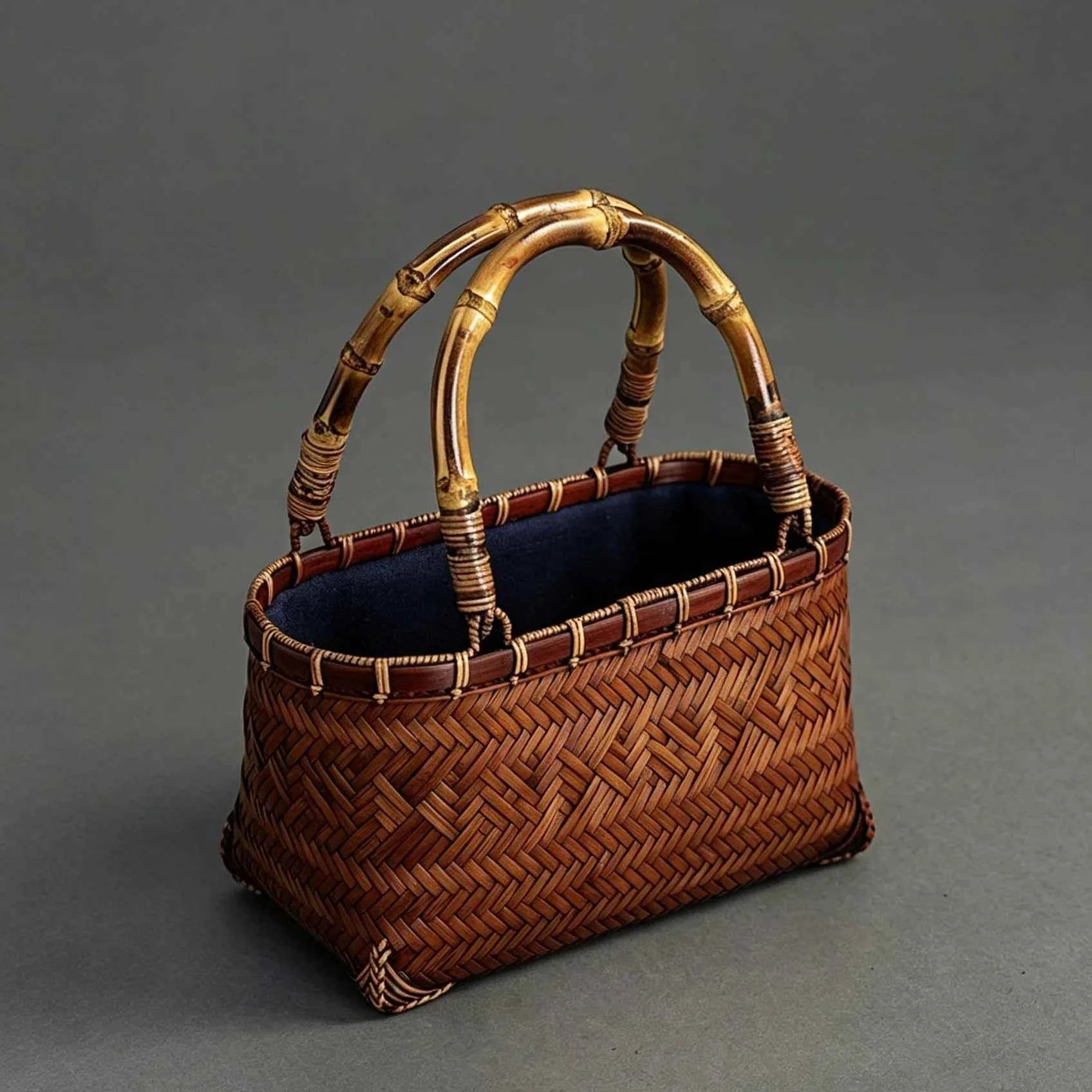 Handcrafted Mini Woven Bamboo Tote Bag with Natural Bamboo Joint Handle Vintage Holiday Basket Purse for Women