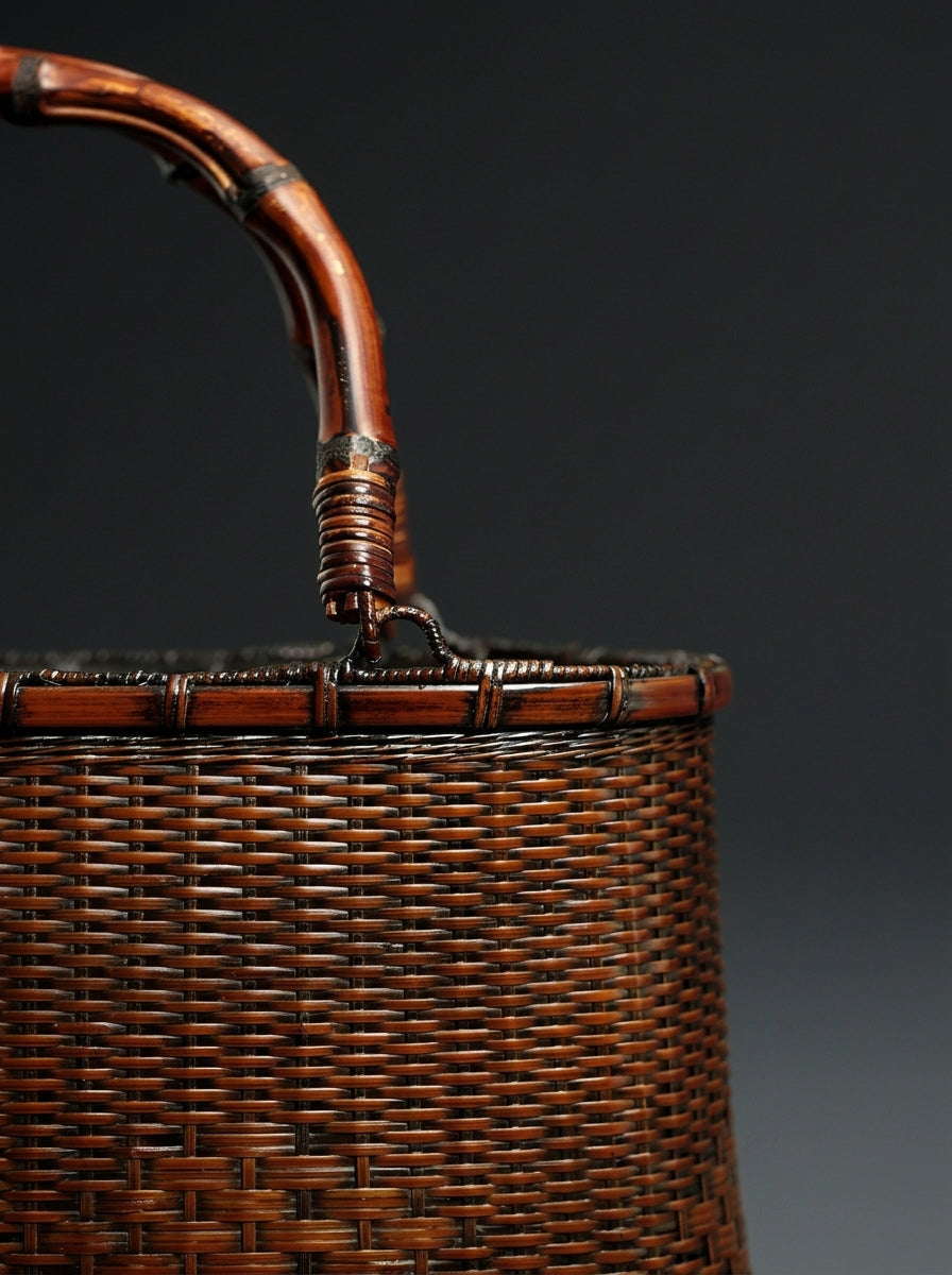 Handcrafted Vintage Bamboo Basket Bag with Natural Bamboo Root Handl