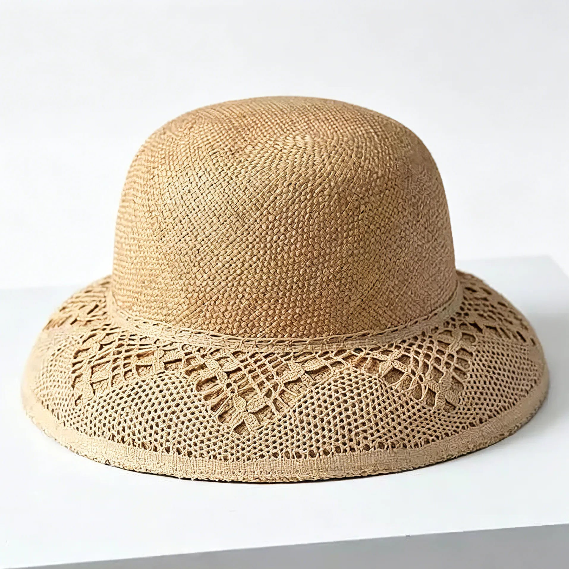 Handwoven Straw Cloche Hat with Crochet Lace Brim  Vintage Audrey Hepburn Sun Hat - Verdant Bind