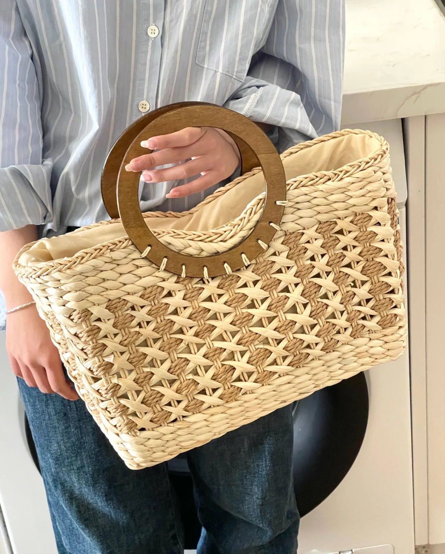 Handcrafted Large Beach Purse Structured Summer Handbag with Zipper