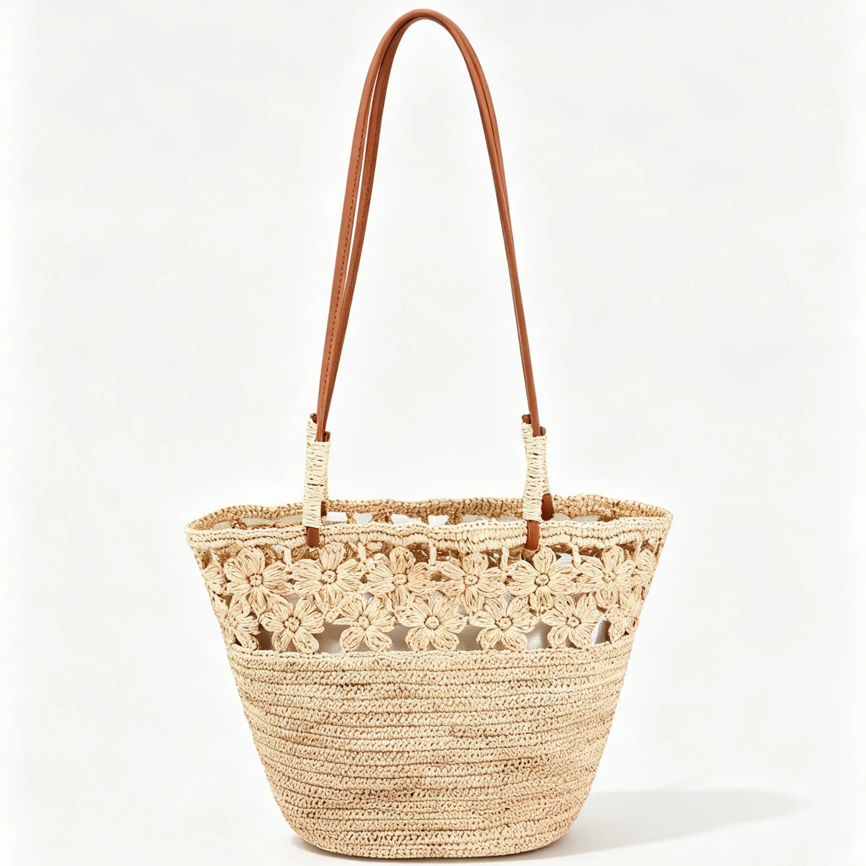 The Riviera Handwoven Floral Raffia Bucket Tote Bag