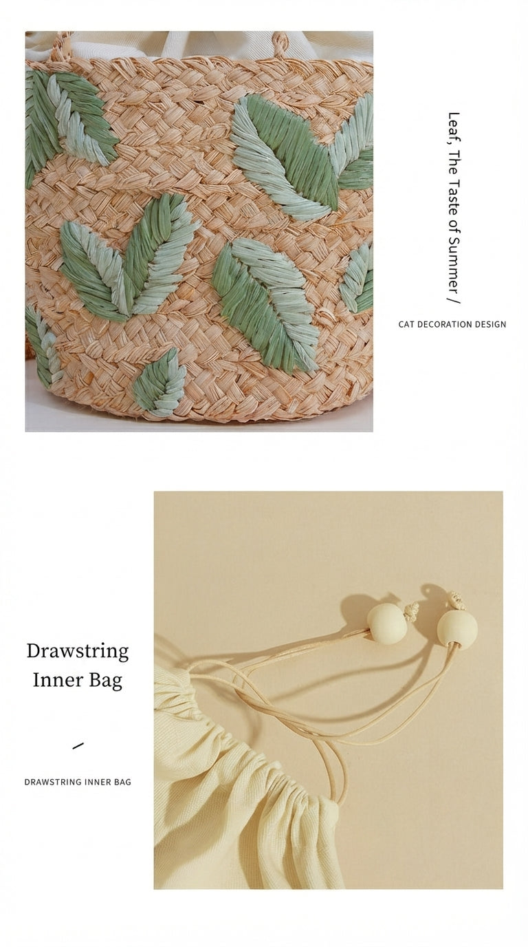 Handcrafted Raffia Bucket Bag Woven Leaf Pattern Drawstring Tote