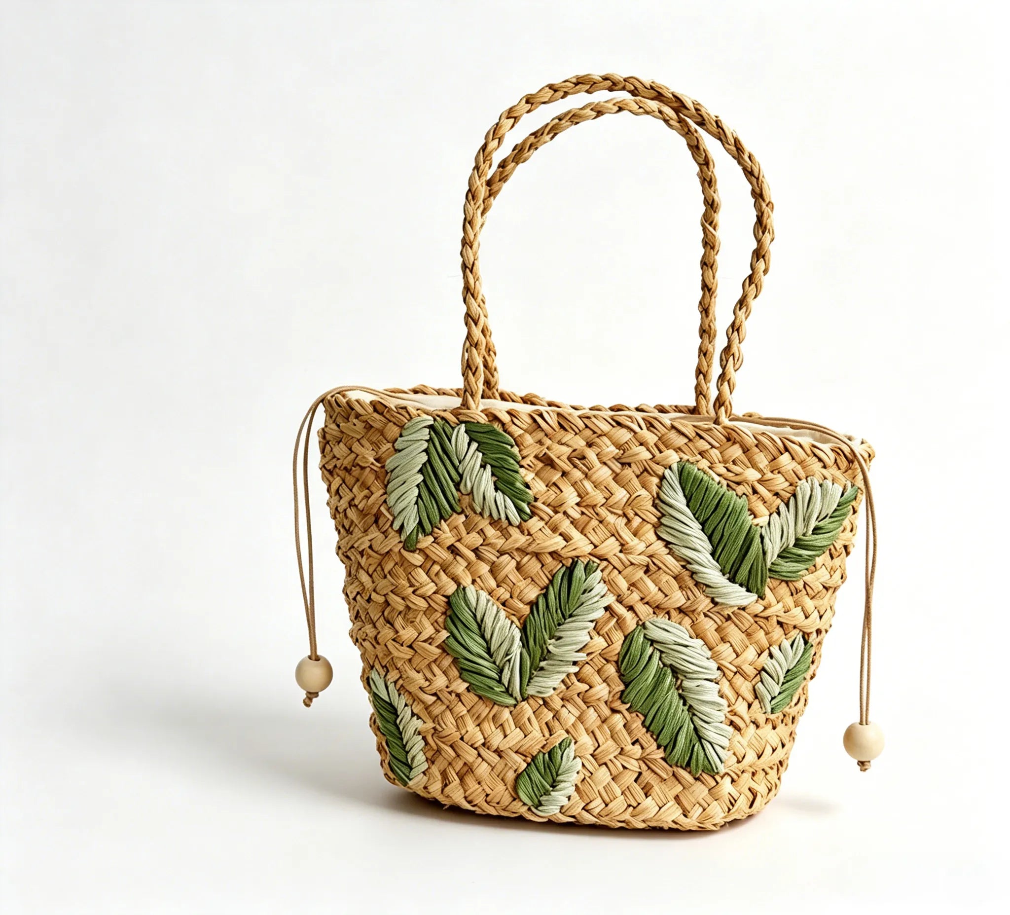Handcrafted Raffia Bucket Bag Woven Leaf Pattern Drawstring Tote