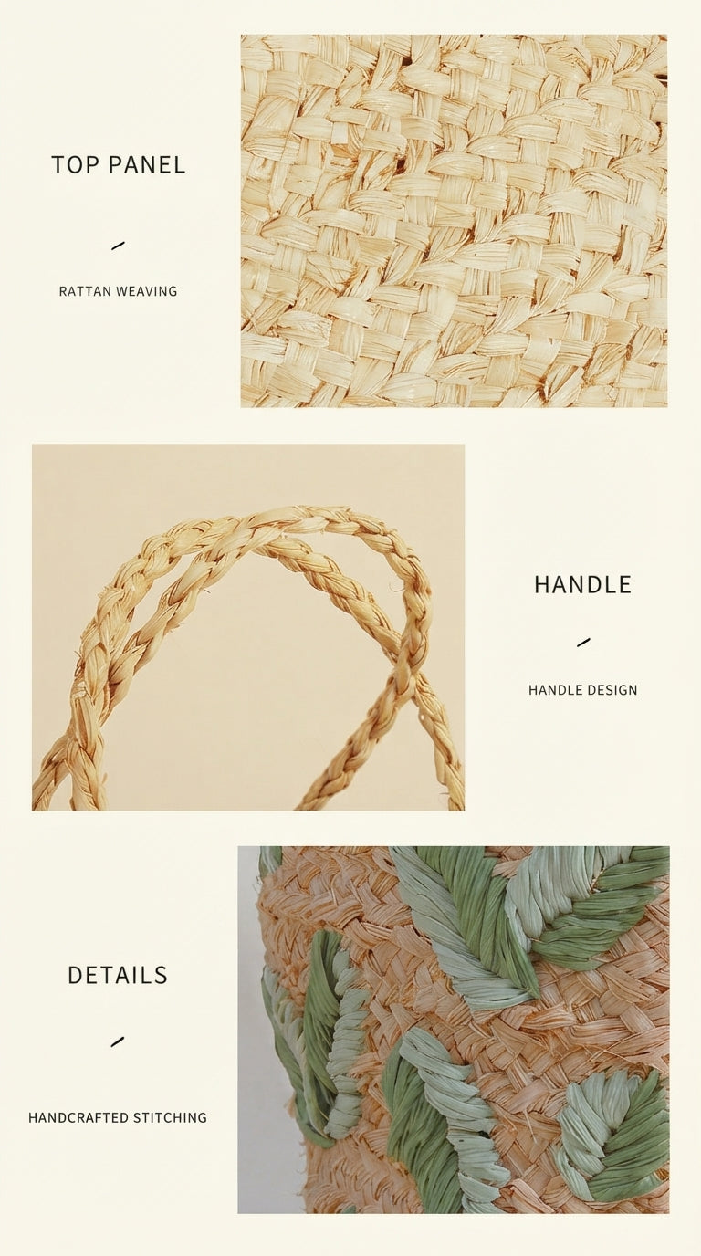 Handcrafted Raffia Bucket Bag Woven Leaf Pattern Drawstring Tote