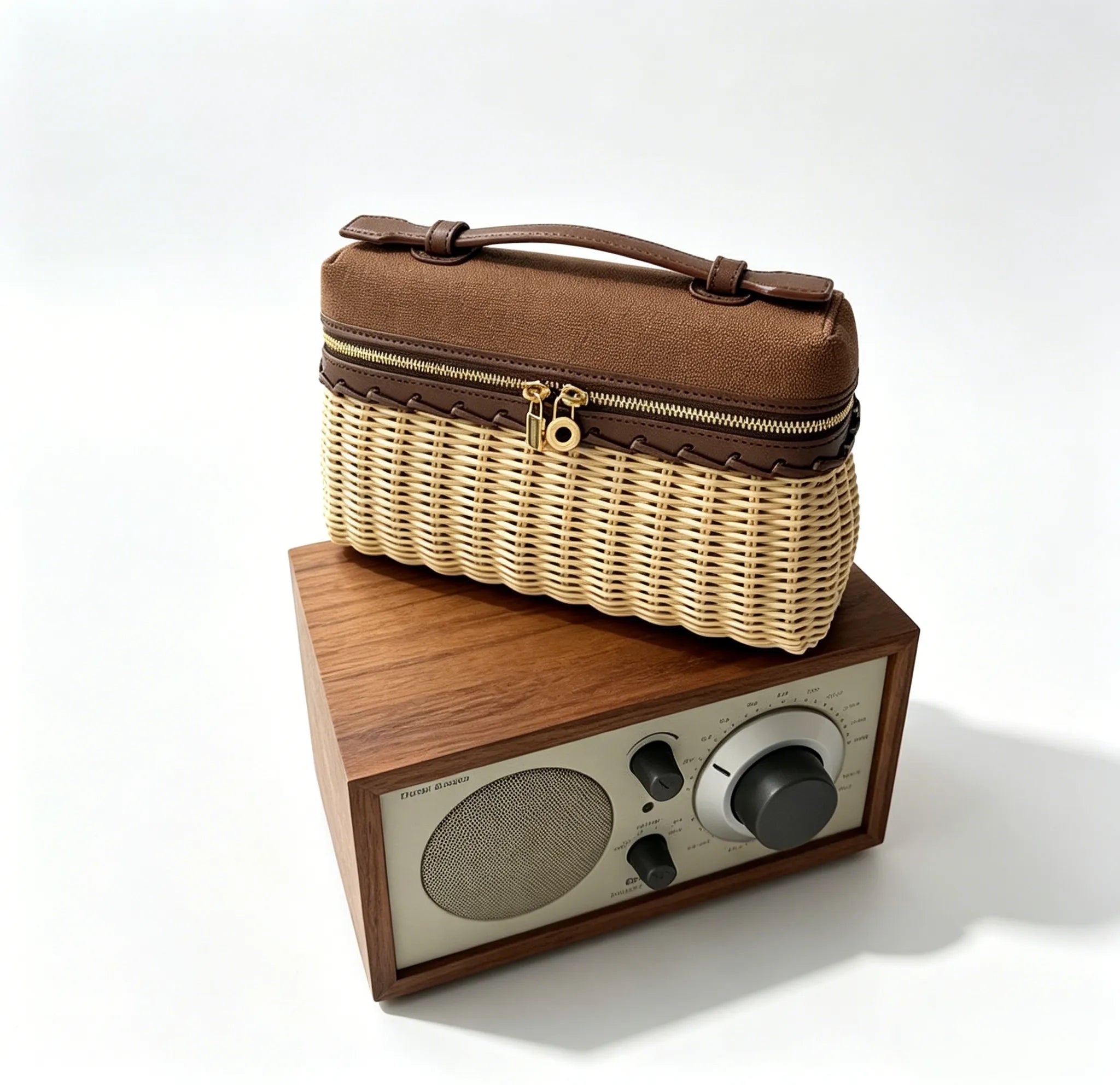 Handcrafted Wicker & Canvas Combo Handbag Retro Top-Handle Box Bag