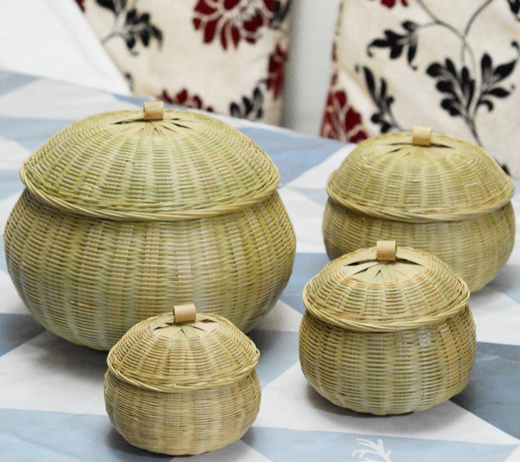 Bamboo Woven Pumpkin Storage Box Handwoven Bamboo Storage Basket Set with Lids