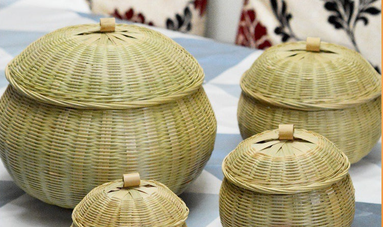 Bamboo Woven Pumpkin Storage Box Handwoven Bamboo Storage Basket Set with Lids