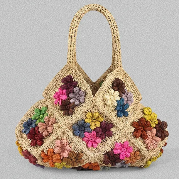 Handcrafted 3D Floral Raffia Top-Handle Bag | Summer Beach Resort Purse