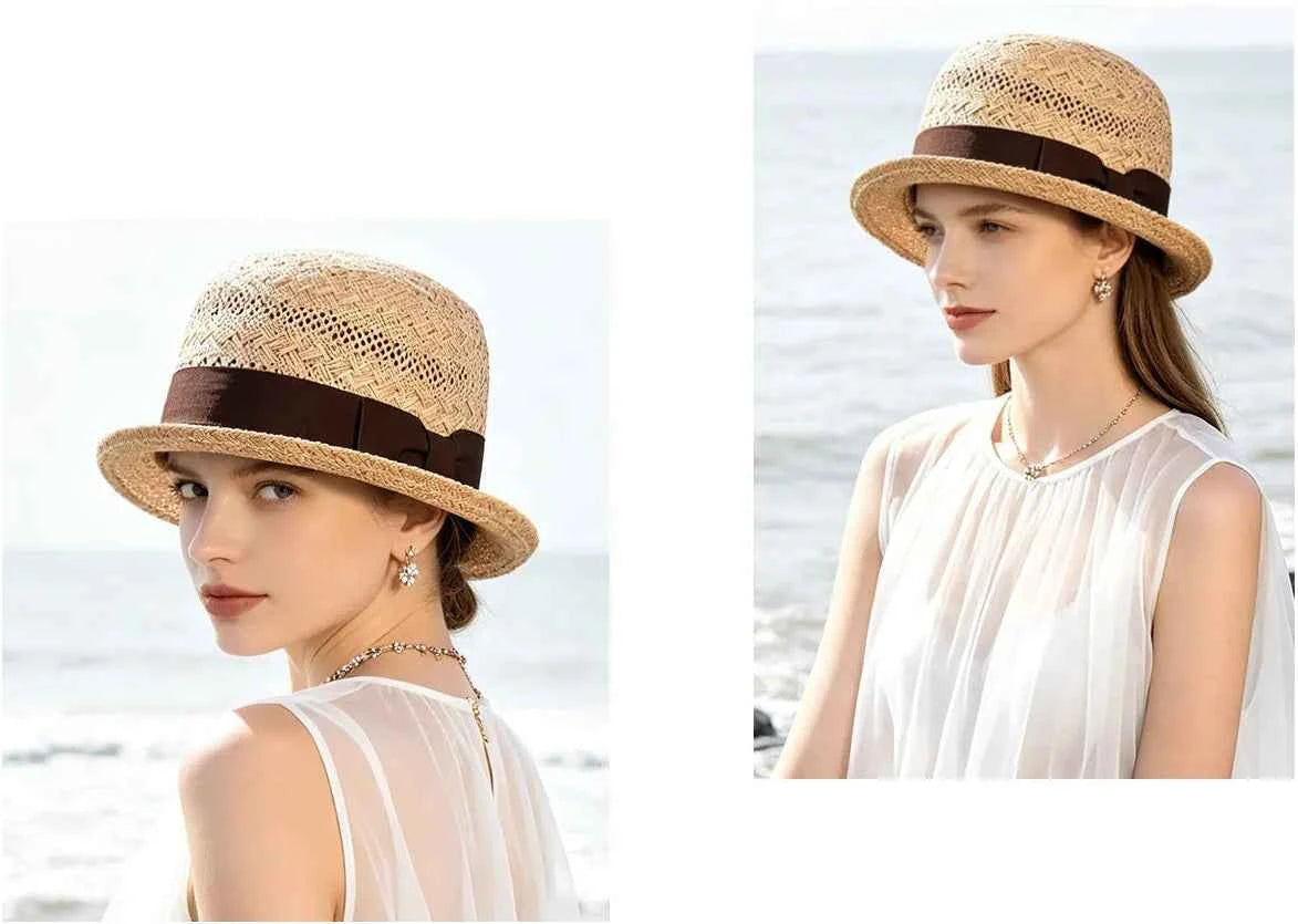 Handcrafted Natural Straw Porkpie Sun Hat | Vintage Rolled Brim Boater Cap with Grosgrain Ribbon