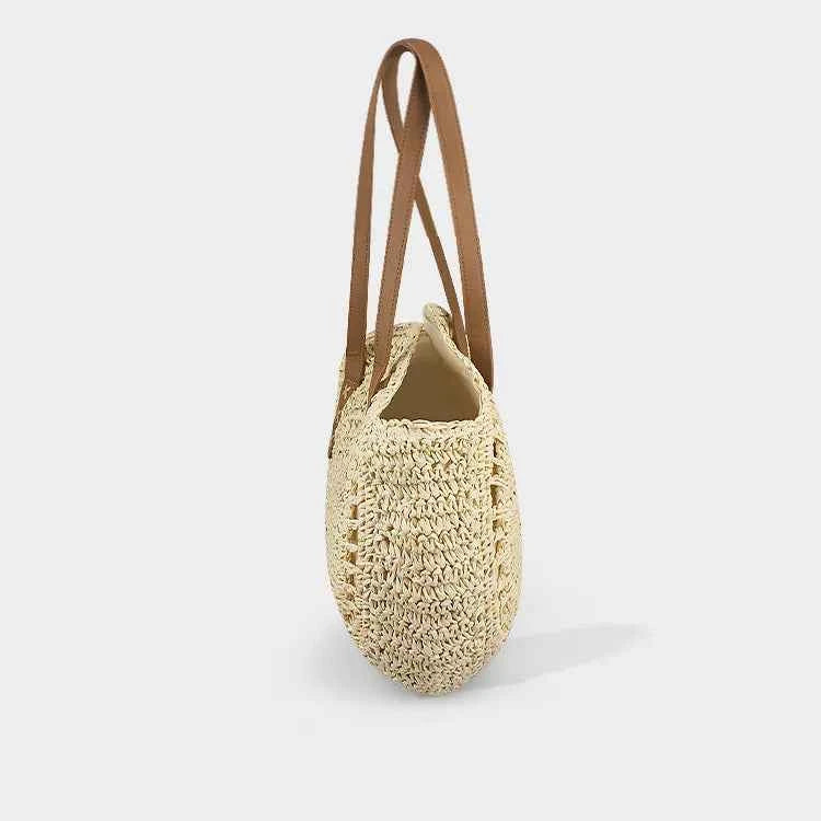 Handcrafted Large Round Straw Tote Bag Summer Beach Vacation Shoulder Purse