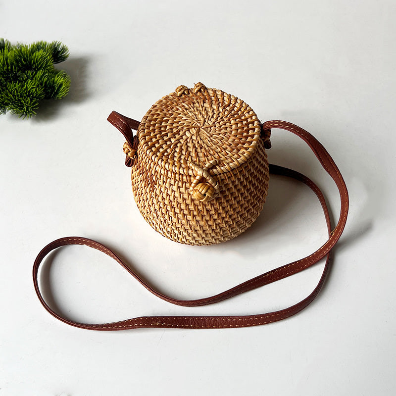 Handwoven Autumn Rattan Cylinder Boho Chic Mini Crossbody Purse