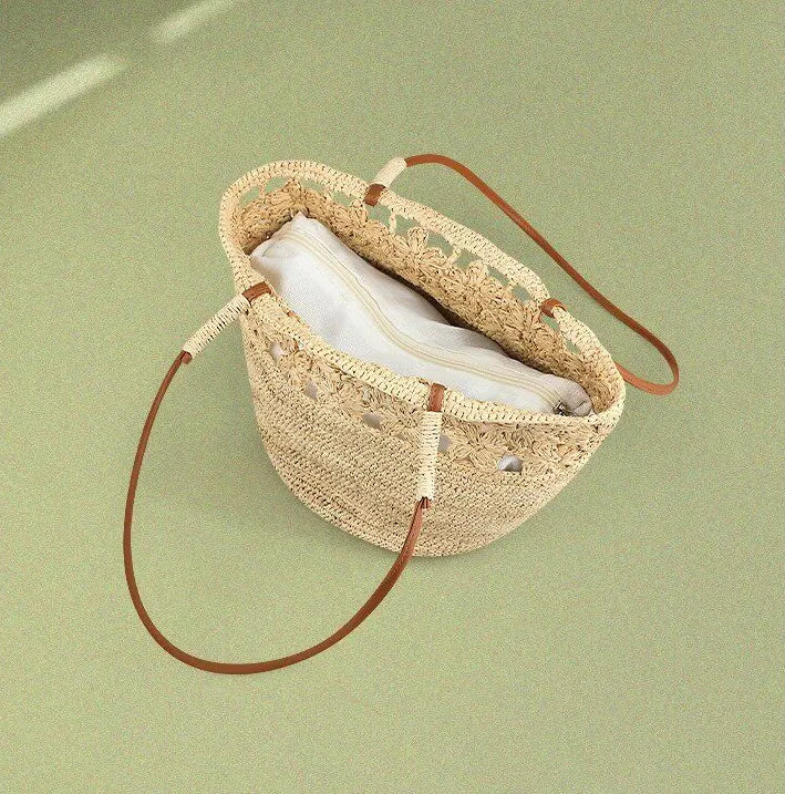 The Riviera Handwoven Floral Raffia Bucket Tote Bag