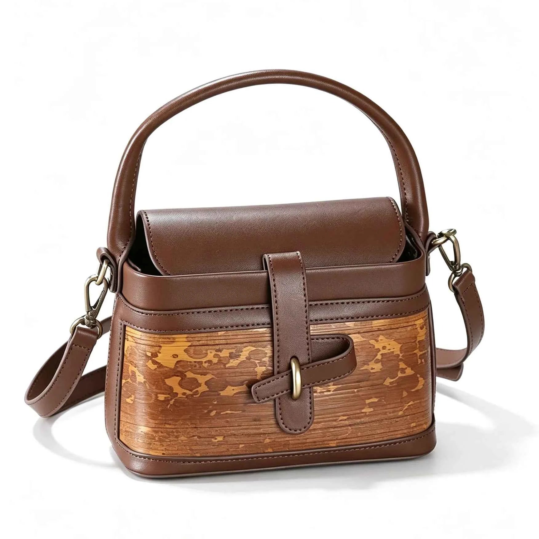 Handcrafted Mottled Bamboo and Genuine Leather Crossbody Bag Vintage Square Box Tote for Women
