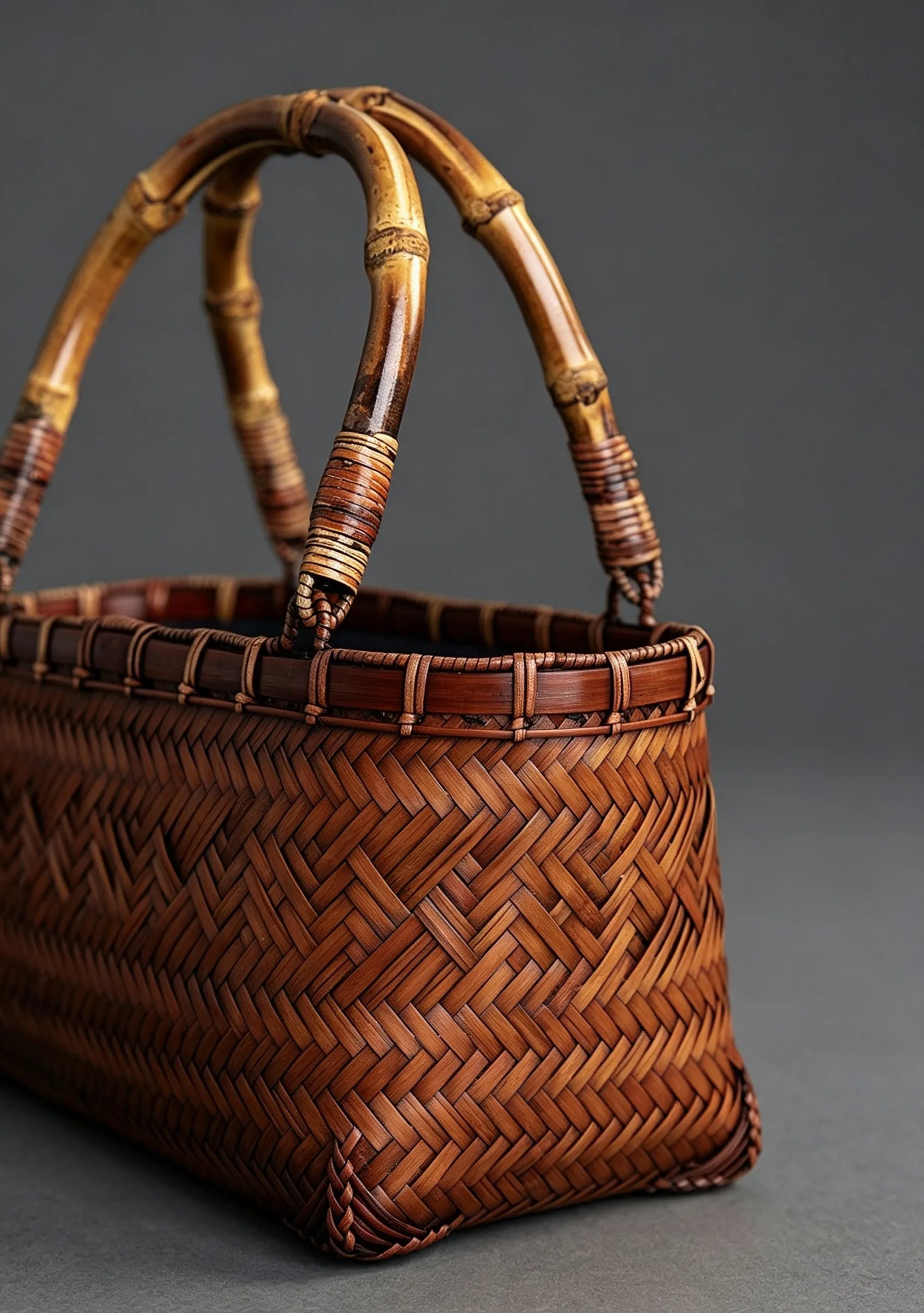 Handcrafted Mini Woven Bamboo Tote Bag with Natural Bamboo Joint Handle Vintage Holiday Basket Purse for Women