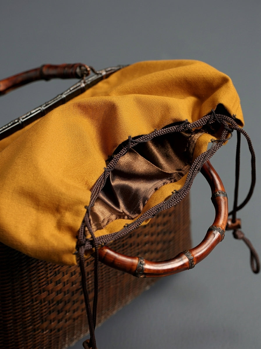 Handcrafted Vintage Bamboo Basket Bag with Natural Bamboo Root Handl