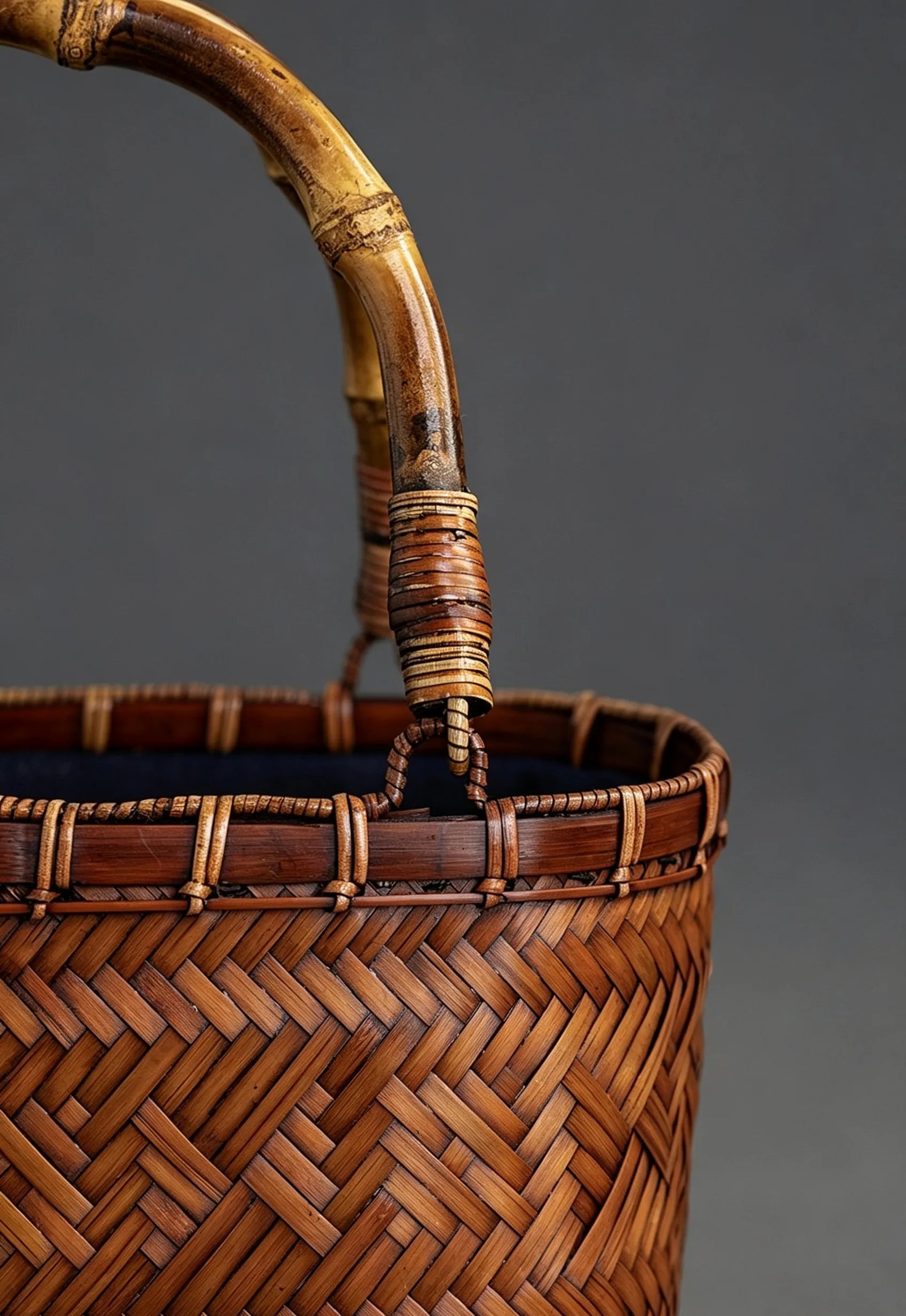 Handcrafted Mini Woven Bamboo Tote Bag with Natural Bamboo Joint Handle Vintage Holiday Basket Purse for Women