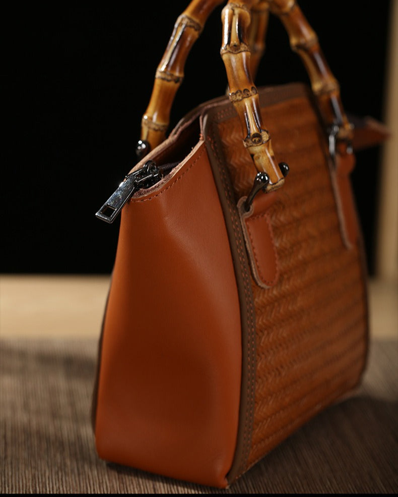 Vintage Bamboo Handwoven Leather Top-Handle Bag
