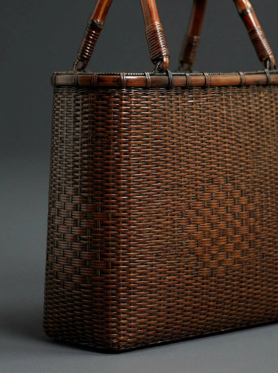 Handcrafted Vintage Bamboo Basket Bag with Natural Bamboo Root Handl