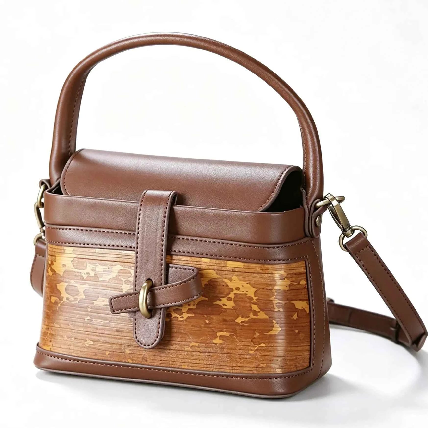 Handcrafted Mottled Bamboo and Genuine Leather Crossbody Bag Vintage Square Box Tote for Women
