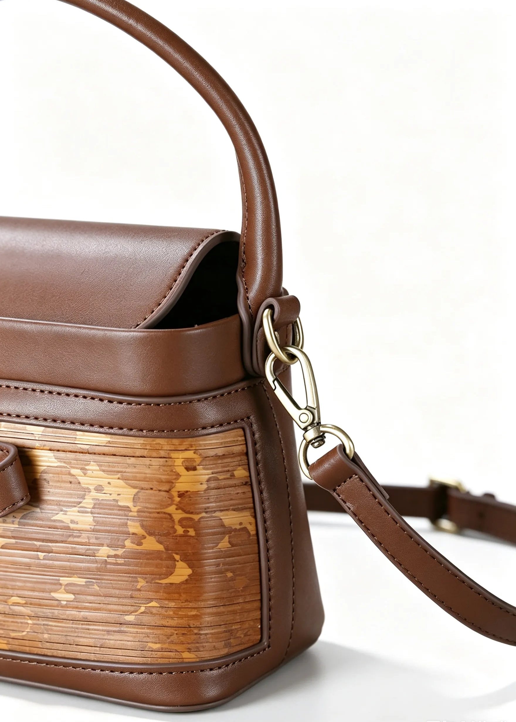 Handcrafted Mottled Bamboo and Genuine Leather Crossbody Bag Vintage Square Box Tote for Women - Verdant Bind