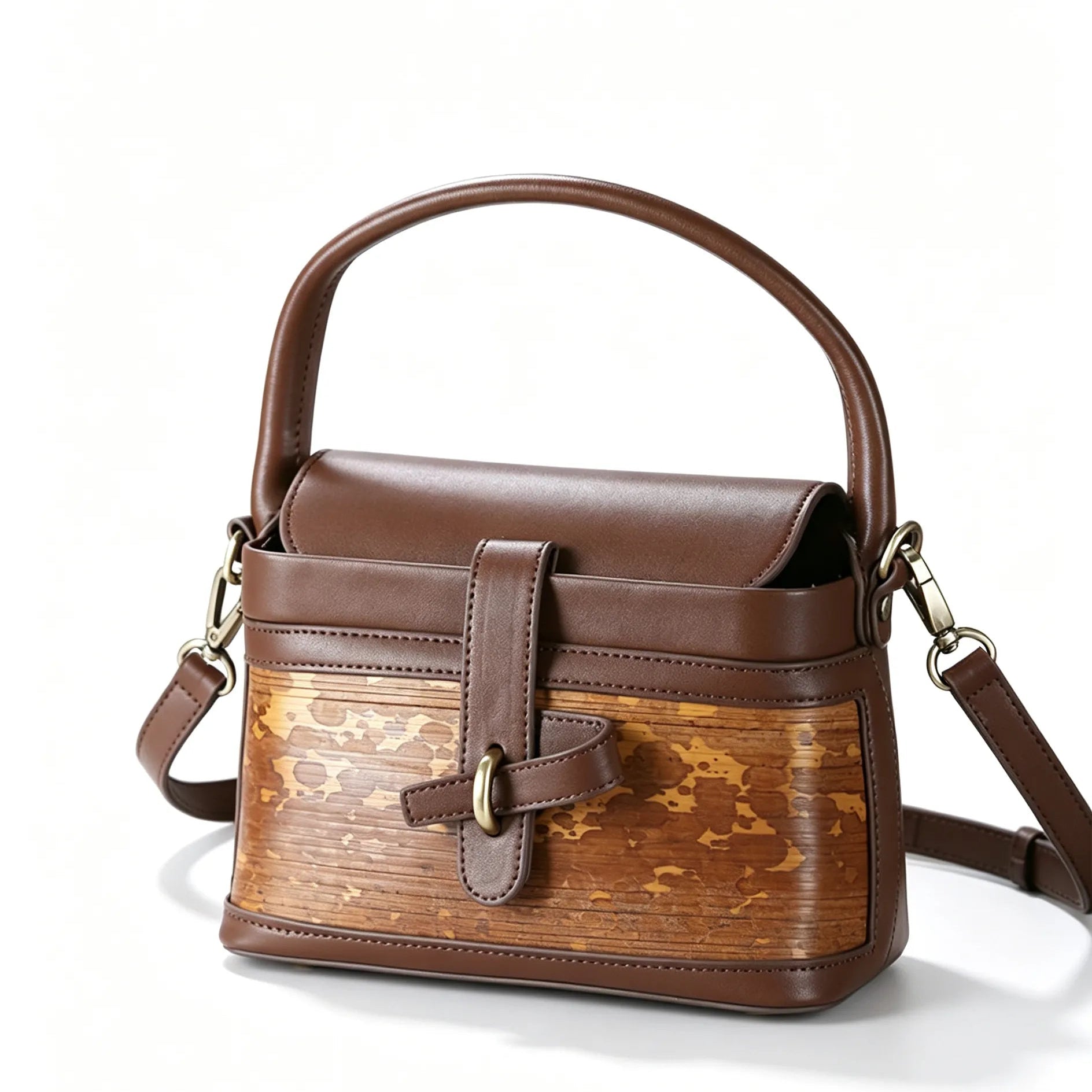 Handcrafted Mottled Bamboo and Genuine Leather Crossbody Bag Vintage Square Box Tote for Women - Verdant Bind