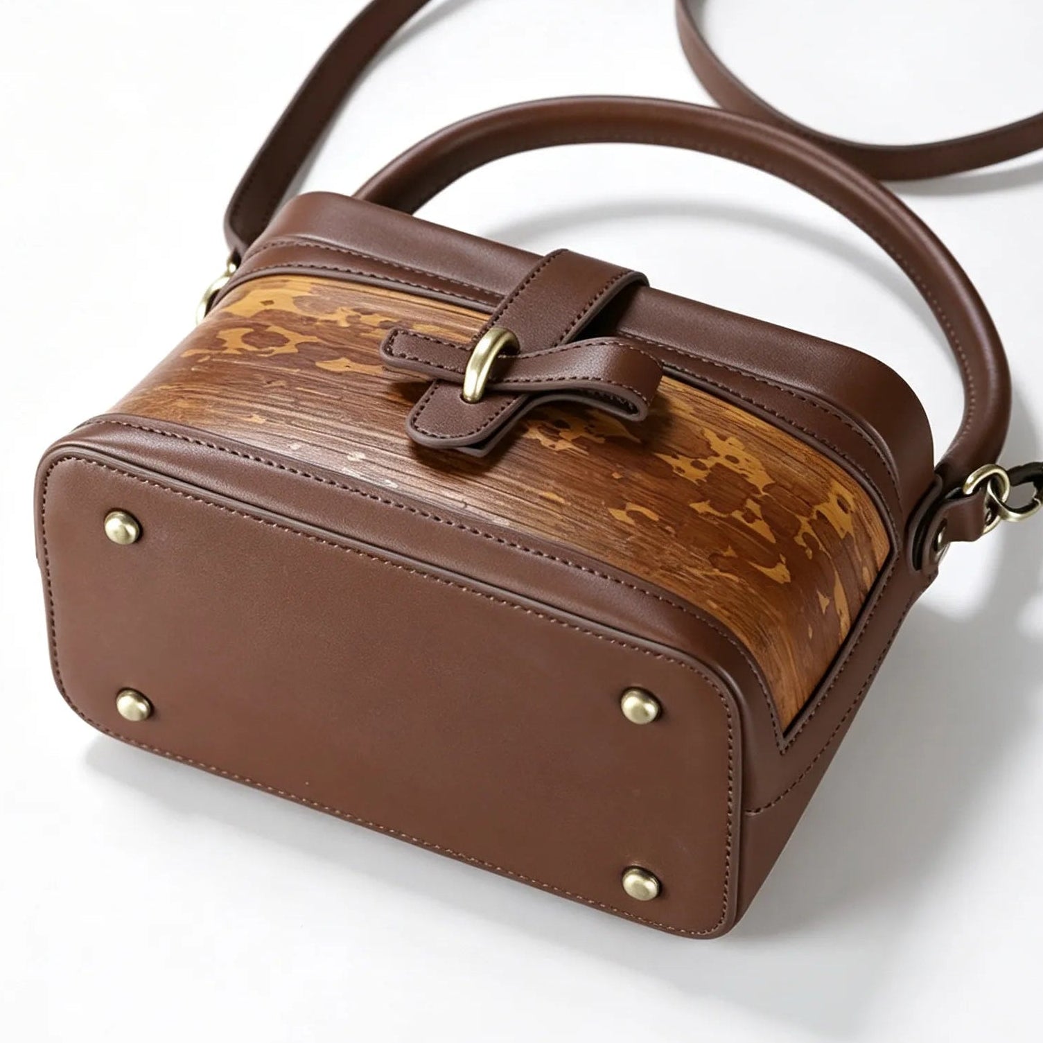 Handcrafted Mottled Bamboo and Genuine Leather Crossbody Bag Vintage Square Box Tote for Women - Verdant Bind