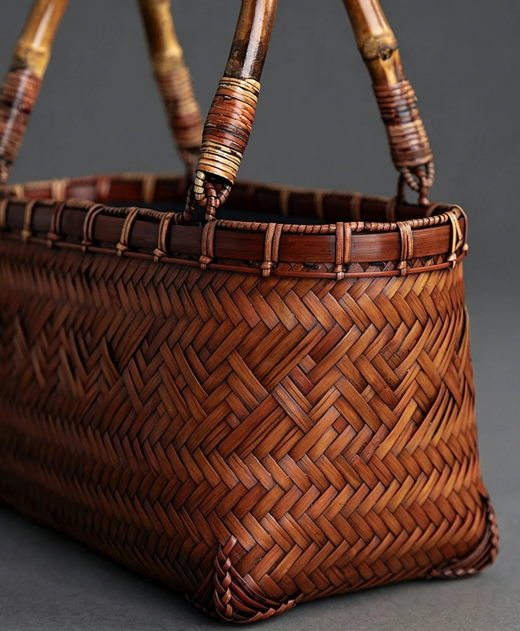 Handcrafted Mini Woven Bamboo Tote Bag with Natural Bamboo Joint Handle Vintage Holiday Basket Purse for Women