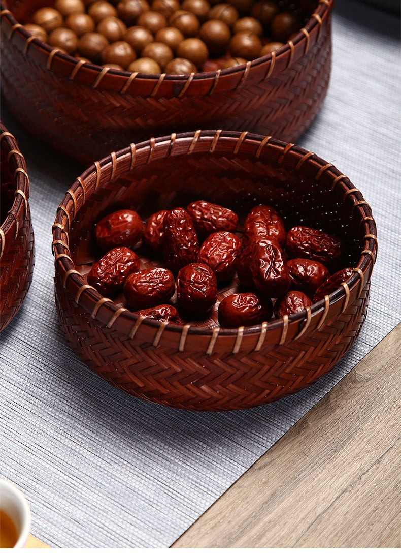 Vintage Round Bamboo Woven Serving Tray Fruit Basket Set