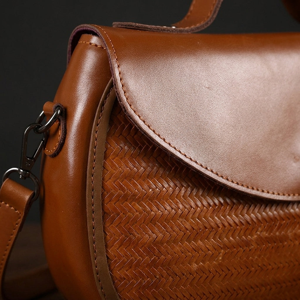 Saddle Bag with Brown Cowhide and Bamboo Weave Handheld