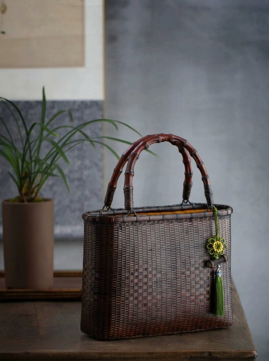 Handcrafted Vintage Bamboo Basket Bag with Natural Bamboo Root Handl