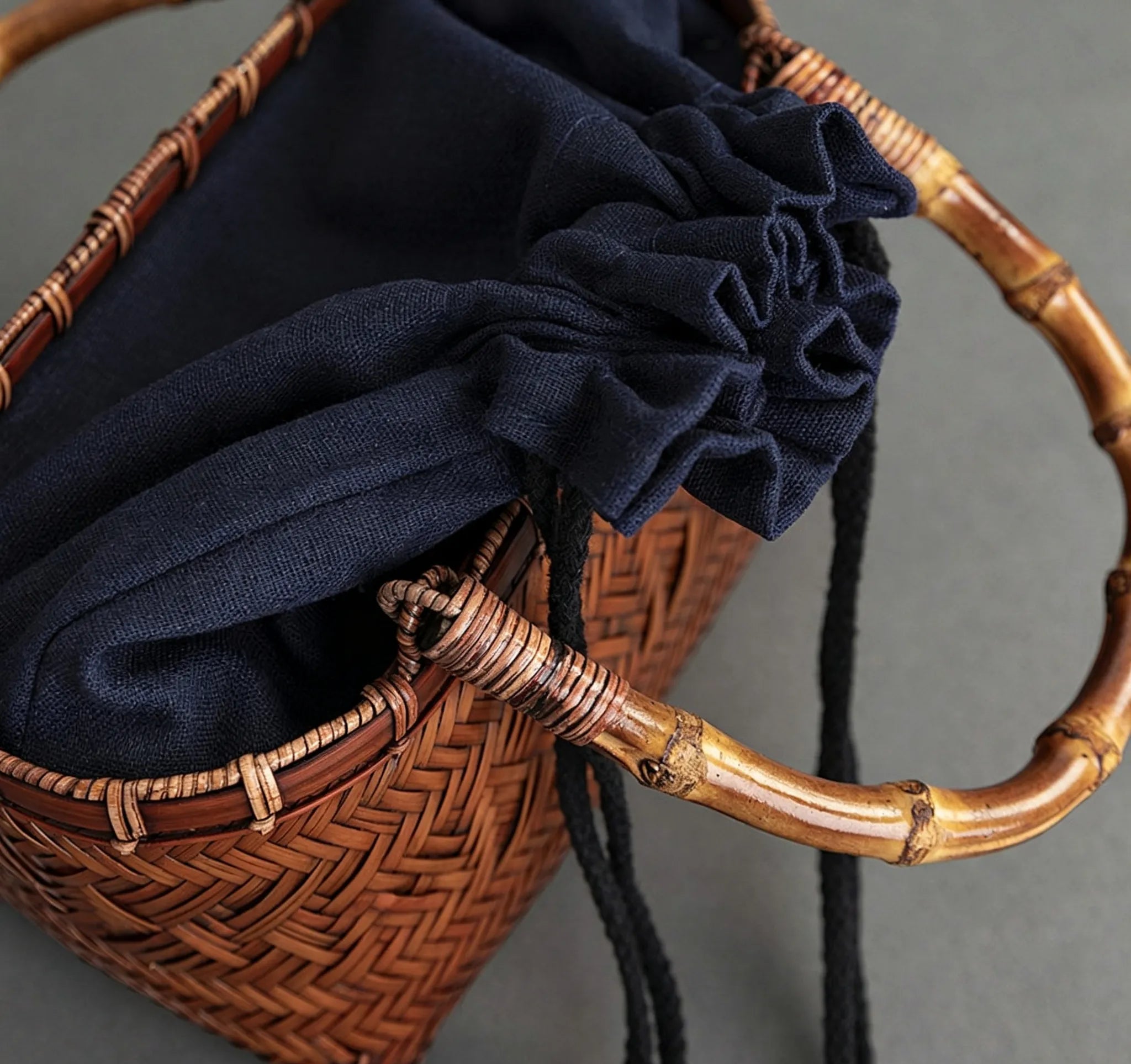 Handcrafted Mini Woven Bamboo Tote Bag with Natural Bamboo Joint Handle Vintage Holiday Basket Purse for Women