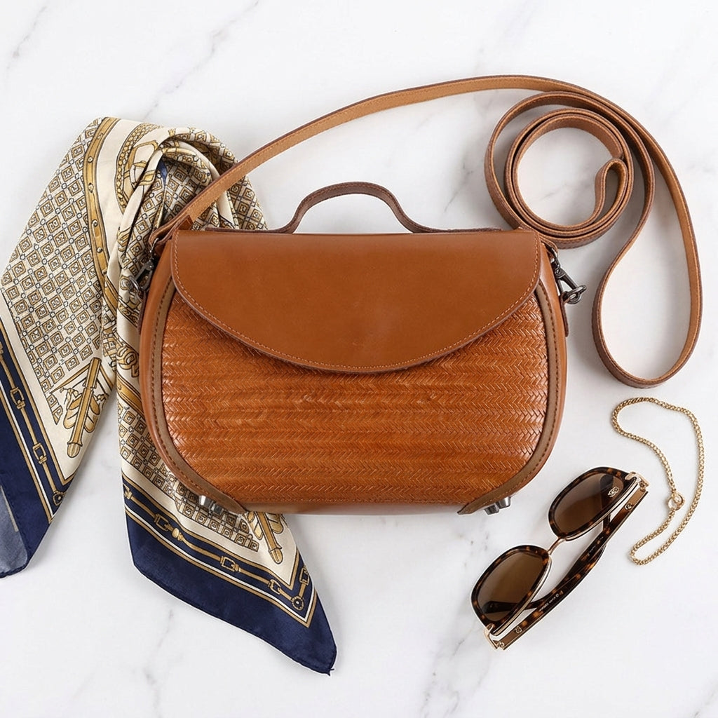 Saddle Bag with Brown Cowhide and Bamboo Weave Handheld