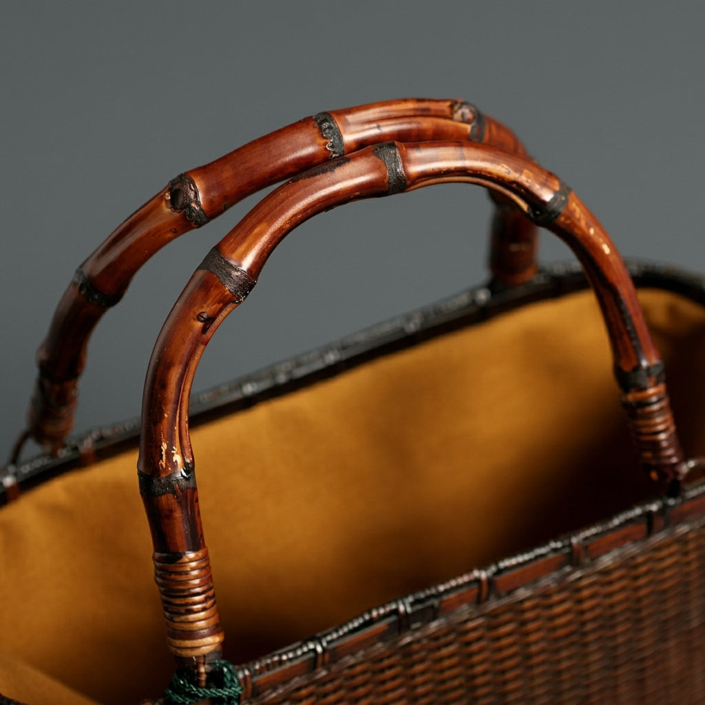 Handcrafted Vintage Bamboo Basket Bag with Natural Bamboo Root Handl