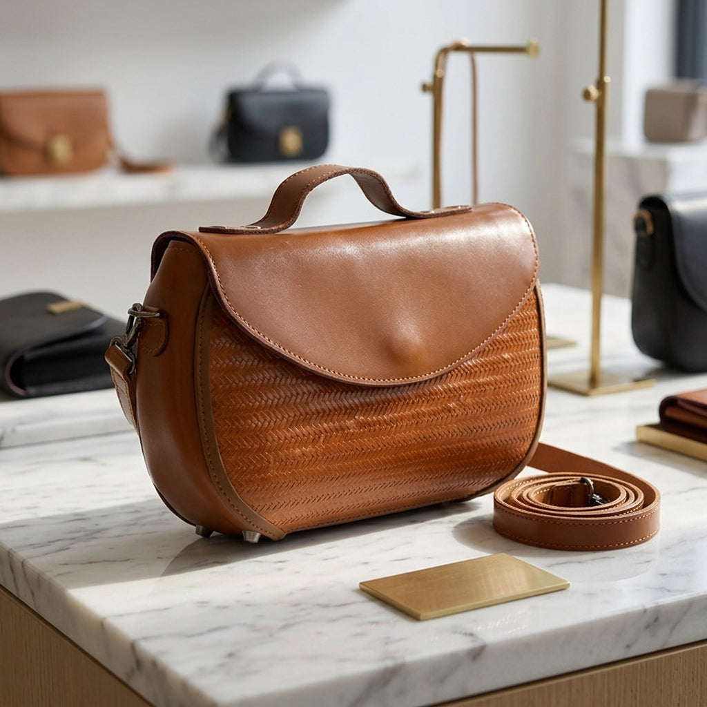 Saddle Bag with Brown Cowhide and Bamboo Weave Handheld