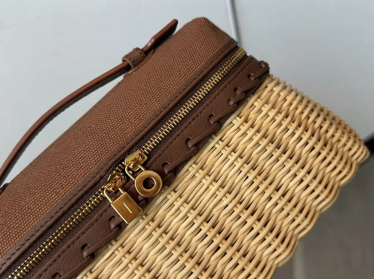 Handcrafted Wicker & Canvas Combo Handbag Retro Top-Handle Box Bag