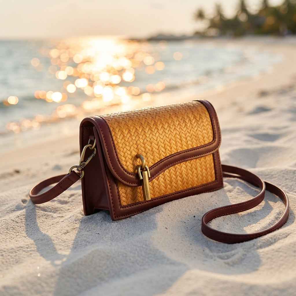 Burgundy Cowhide & Bamboo Woven Phone Crossbody Bag