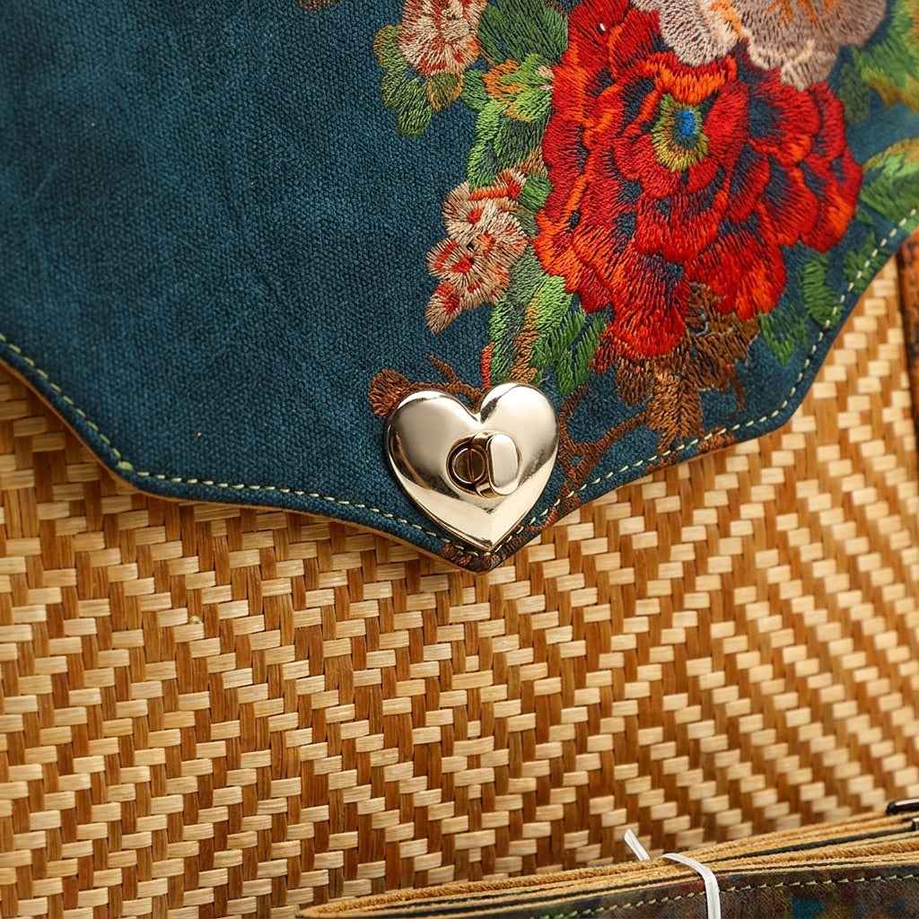 Geometric Maze Bamboo Crossbody Bag with Heart Clasp