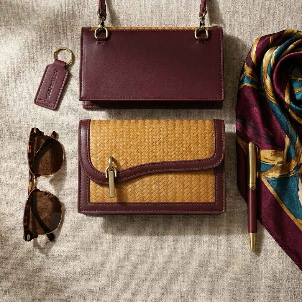 Burgundy Cowhide & Bamboo Woven Phone Crossbody Bag
