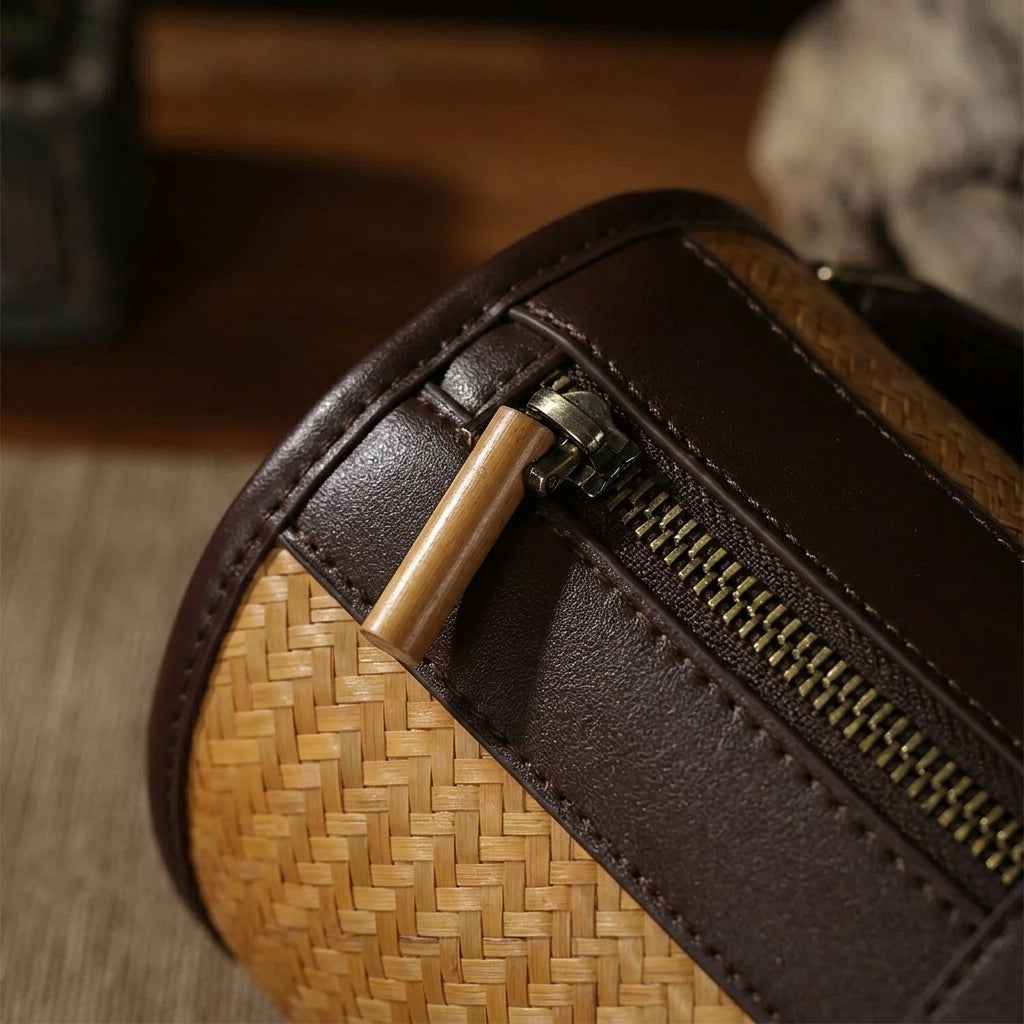 Dark Coffee Brown Cowhide & Bamboo Woven Barrel Crossbody Bag