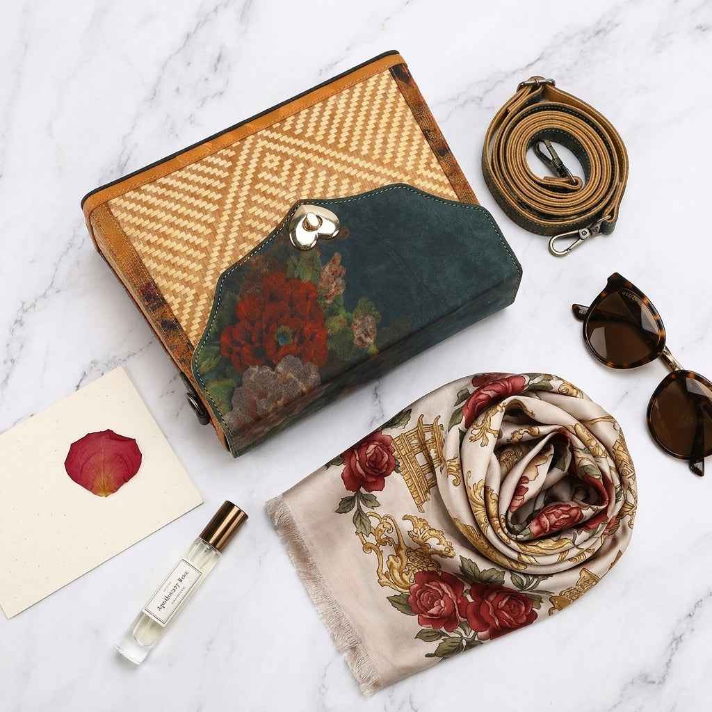 Geometric Maze Bamboo Crossbody Bag with Heart Clasp