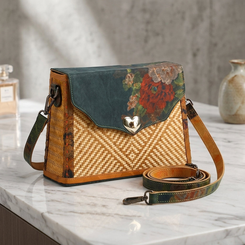 Geometric Maze Bamboo Crossbody Bag with Heart Clasp