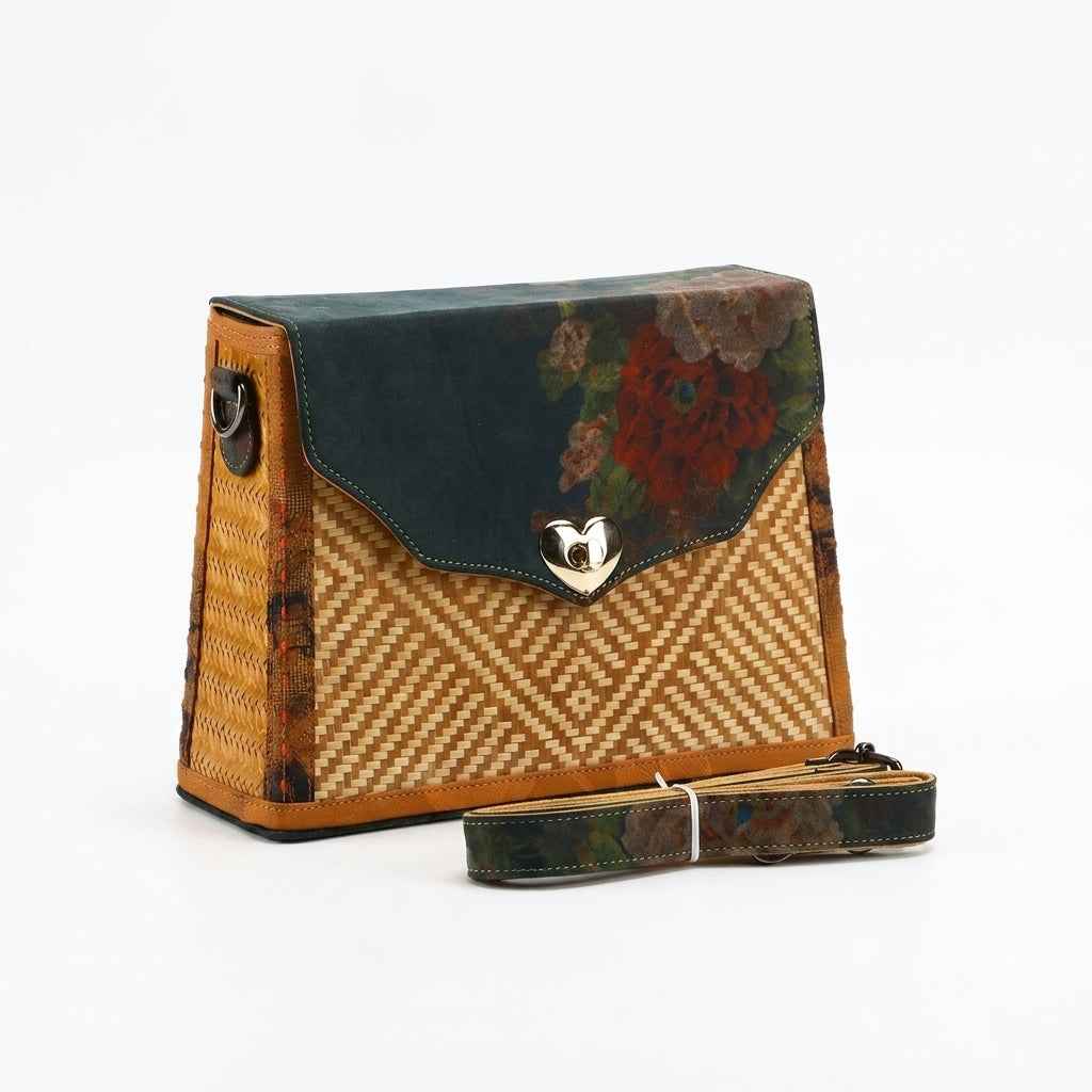 Geometric Maze Bamboo Crossbody Bag with Heart Clasp