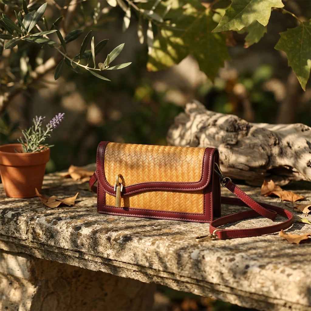 Burgundy Cowhide & Bamboo Woven Phone Crossbody Bag