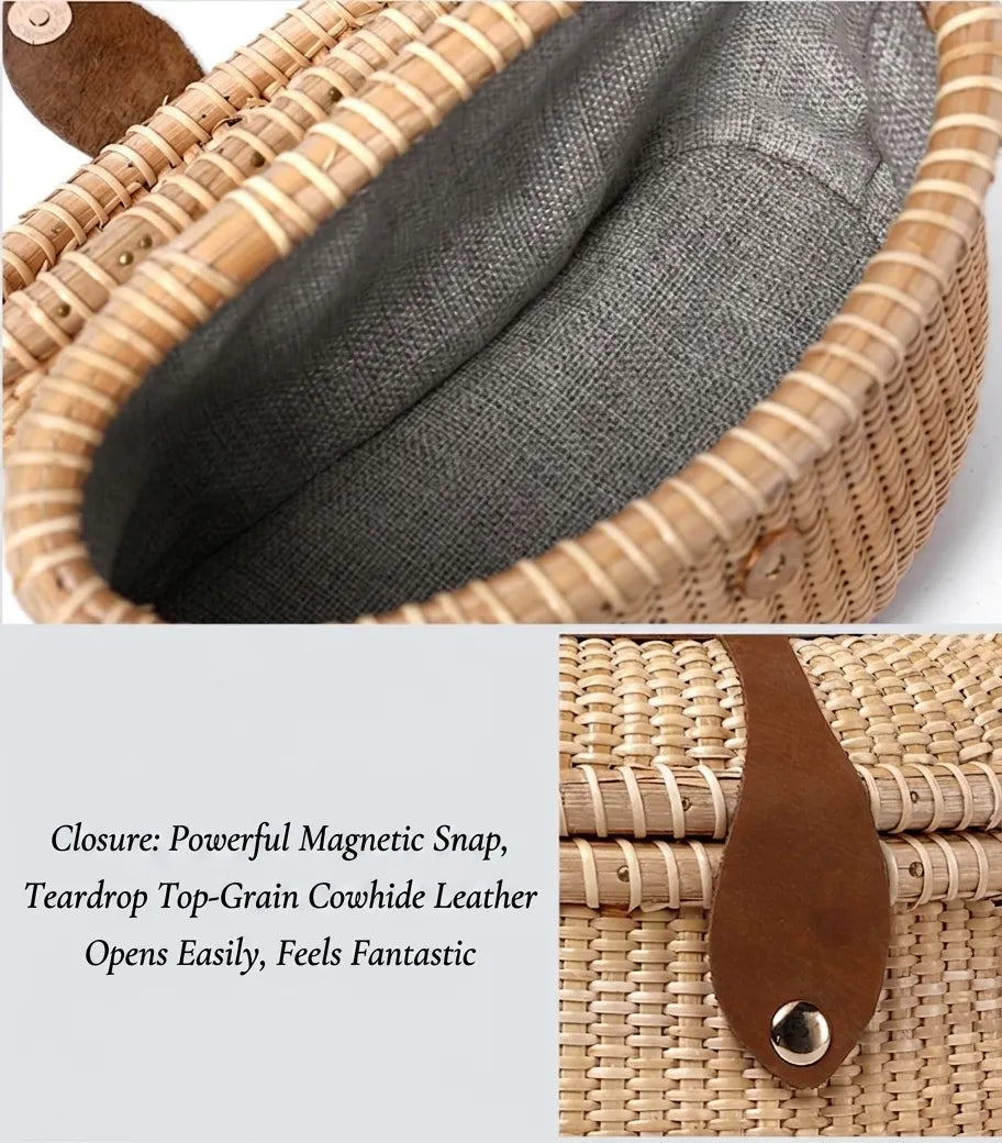 Handcrafted Top-Grain Leather Rattan Box Bag | Detachable Strap Crossbody