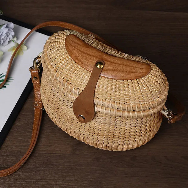 Handcrafted Top-Grain Leather Rattan Box Bag | Detachable Strap Crossbody