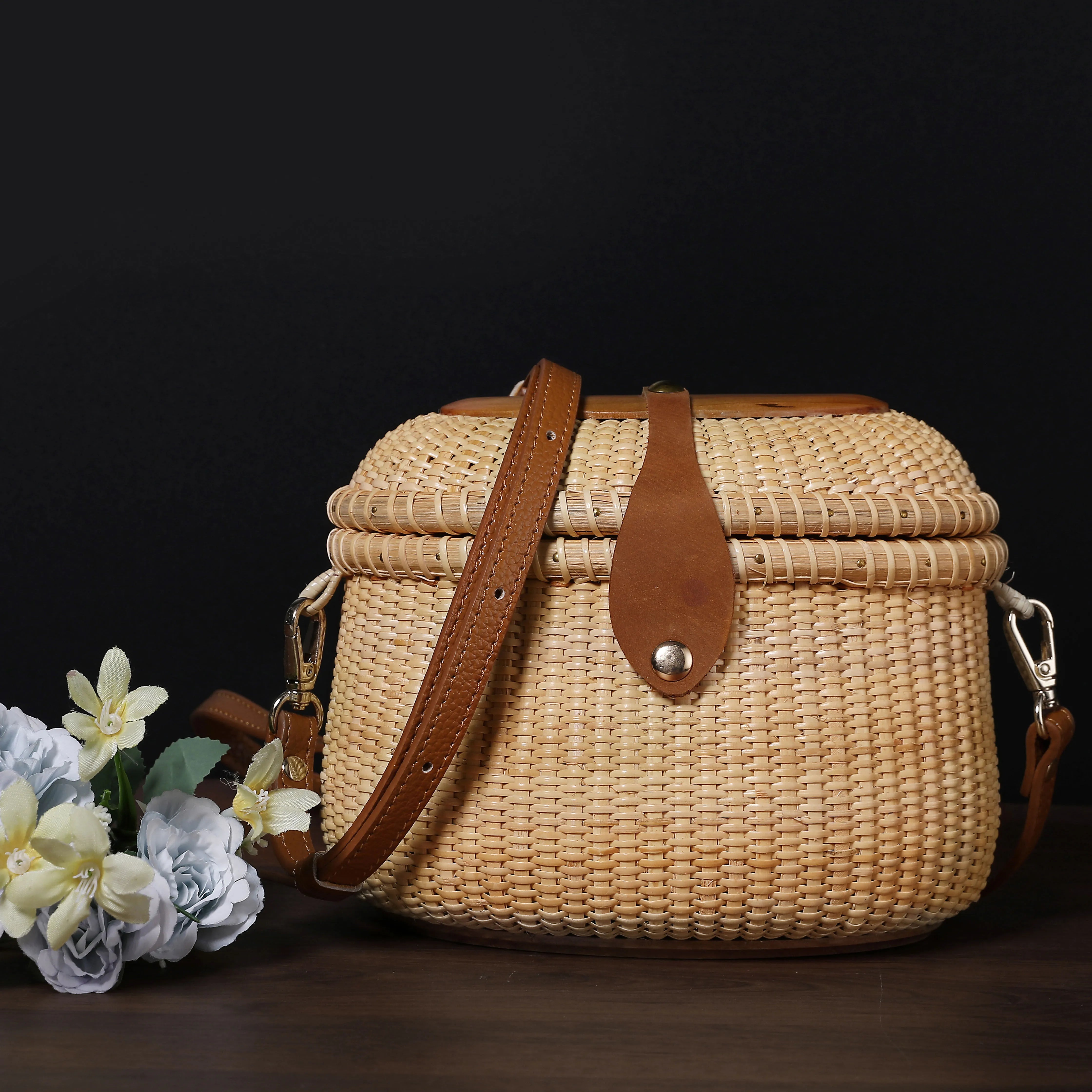 Handcrafted Top-Grain Leather Rattan Box Bag | Detachable Strap Crossbody
