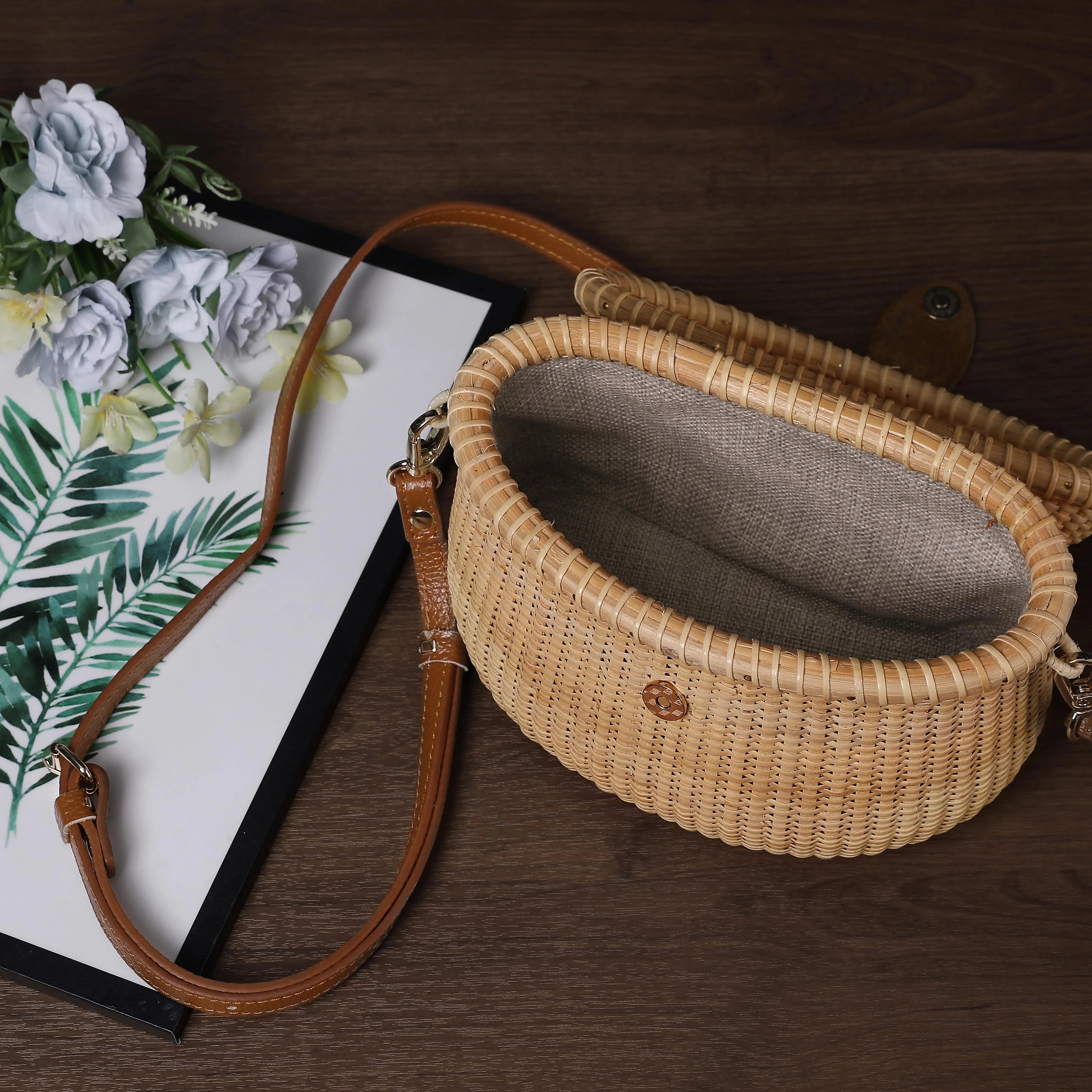Handcrafted Top-Grain Leather Rattan Box Bag | Detachable Strap Crossbody