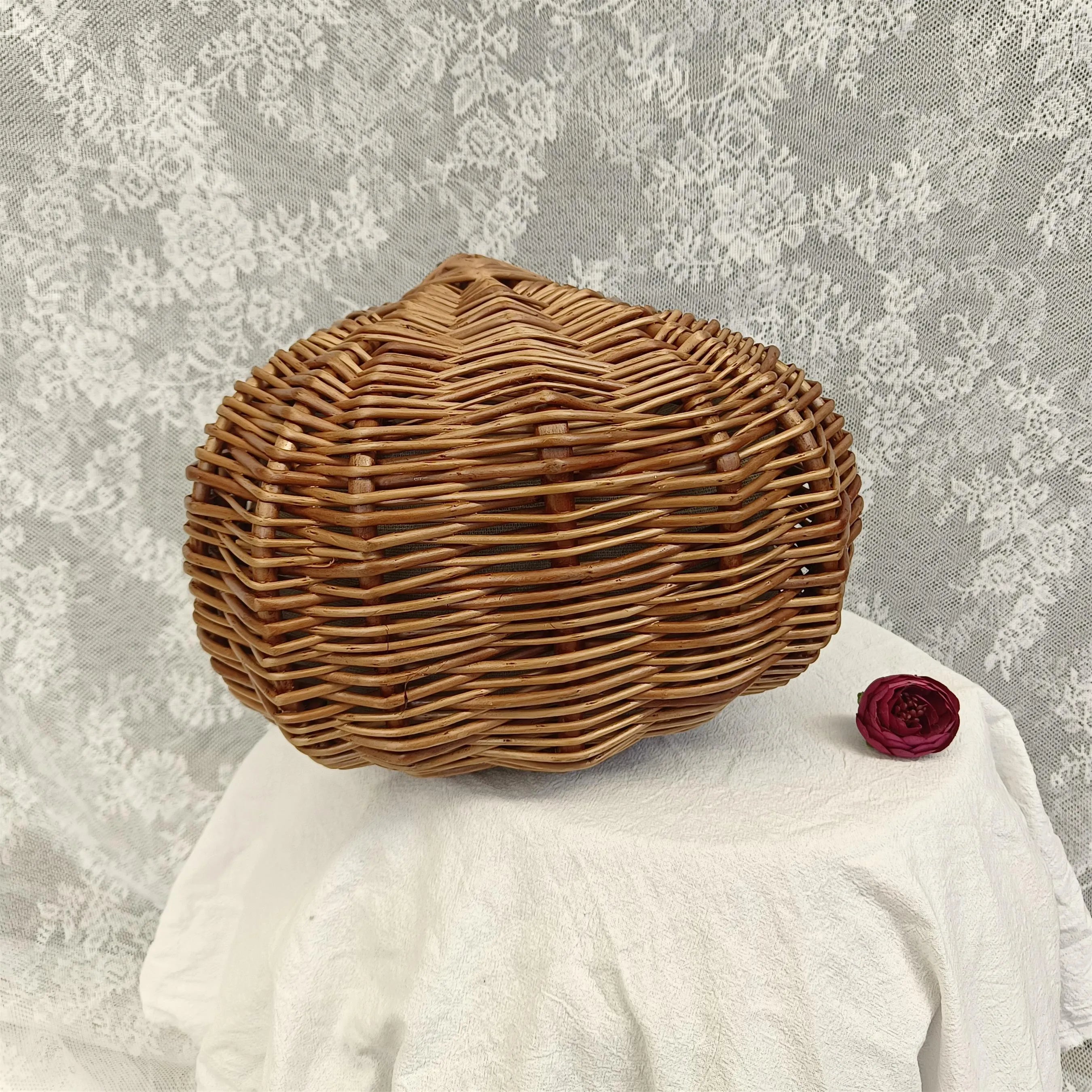 Handcrafted Vintage Willow Wicker Basket Bag Natural Rattan Picnic Tote Purse with Drawstring Liner