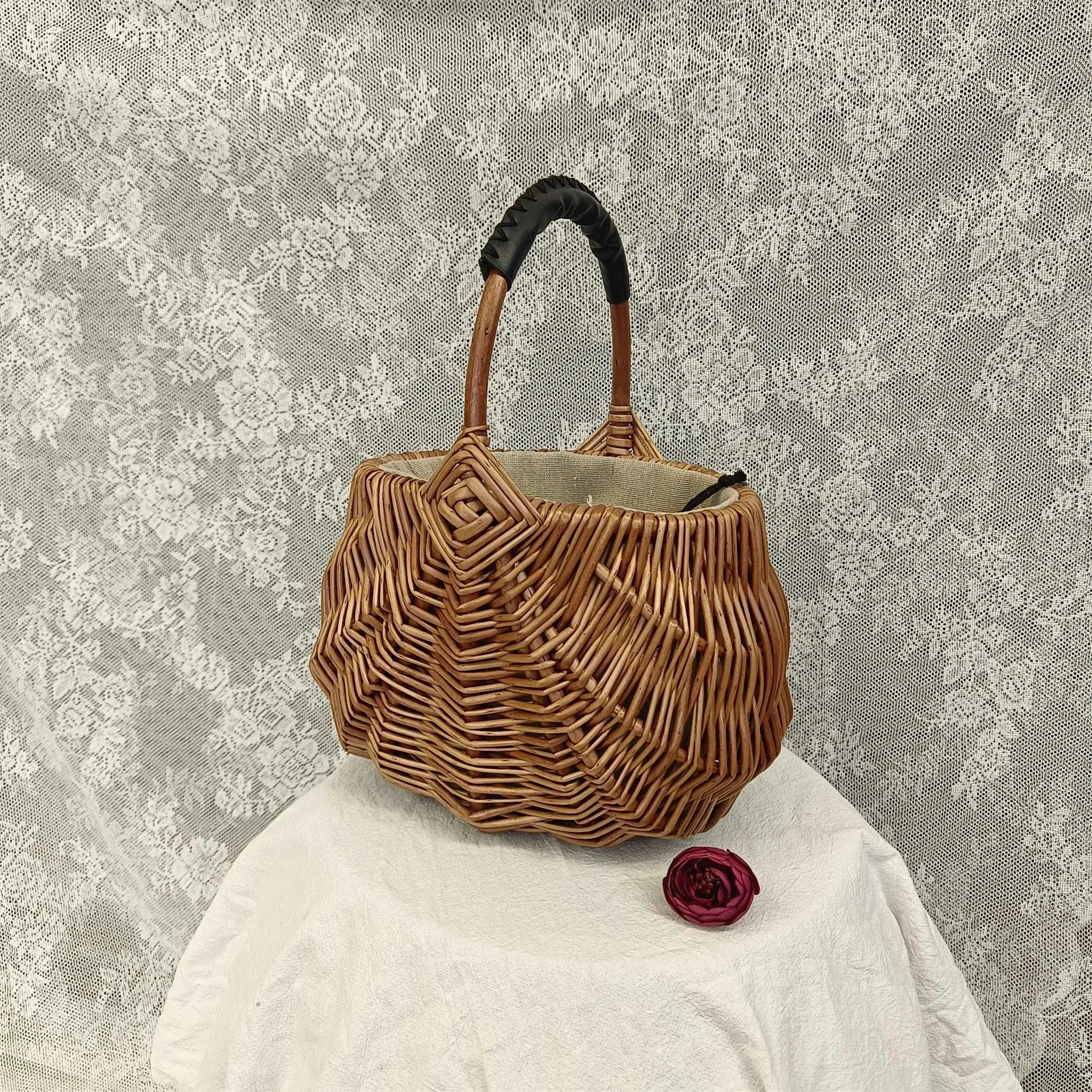 Handcrafted Vintage Willow Wicker Basket Bag Natural Rattan Picnic Tote Purse with Drawstring Liner