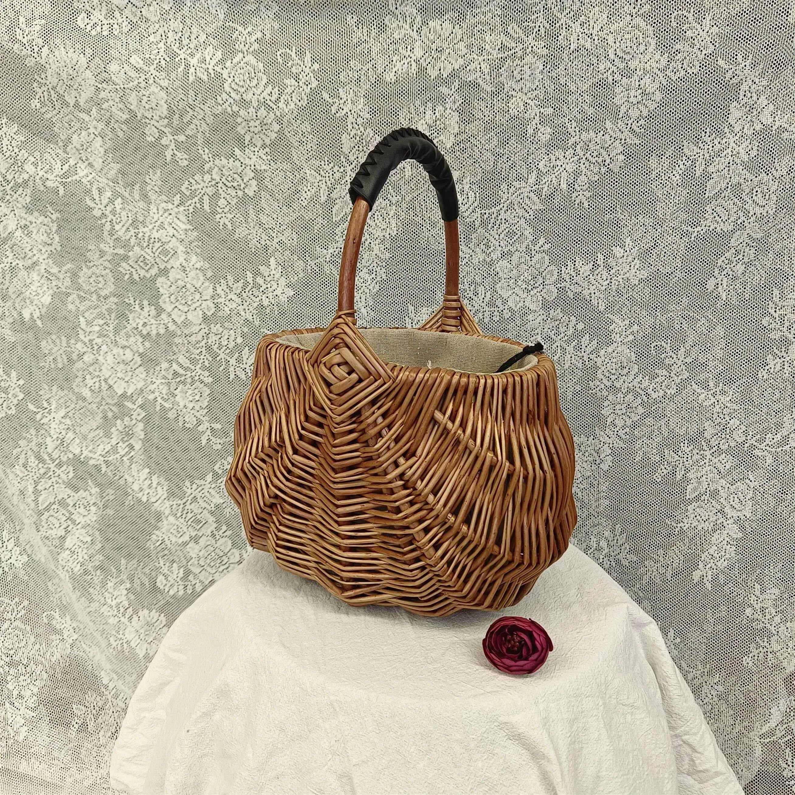 Handcrafted Vintage Willow Wicker Basket Bag Natural Rattan Picnic Tote Purse with Drawstring Liner